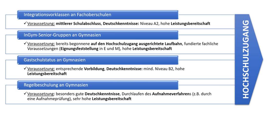 Möglichkeiten des Erwerbs eines Hochschulzugangs bei guten Deutschkenntnissen, Integrationsvorklassen an Fachoberschulen, InGym-Senior-Gruppen an Gymnasien, Gastschulstatus an Gymnasien, Regelbeschulung an Gymnasien